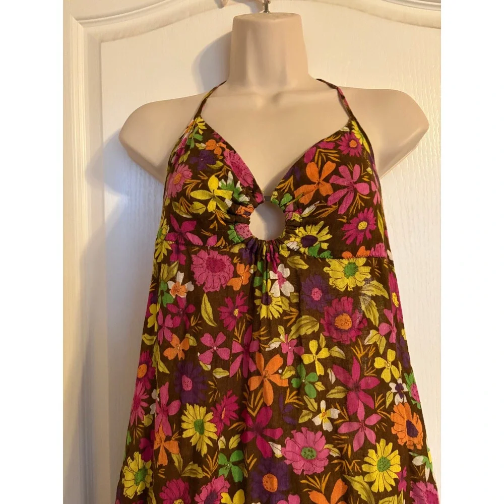 Free People Floral Halter Maxi Dress Brown Linen Blend O-Ring Open Back Size 6